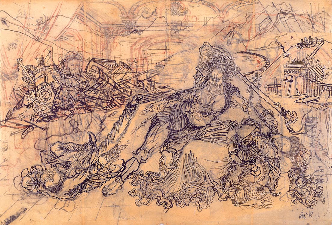 筆の勢い、対象の把握、執拗な描き込み！　どれをとっても破格の下絵類。暁斎は一度その対象を把握してしまえば、実物を前にしなくともどんなポーズの姿でも描くことができたという。下絵類にはこの能力がいかんなく発揮され、数々の驚くべき群像表現を見ることができる。《河竹黙阿弥作『漂流奇譚西洋劇』米国砂漠原野の場 下絵》1879年〈河鍋暁斎記念美術館〉