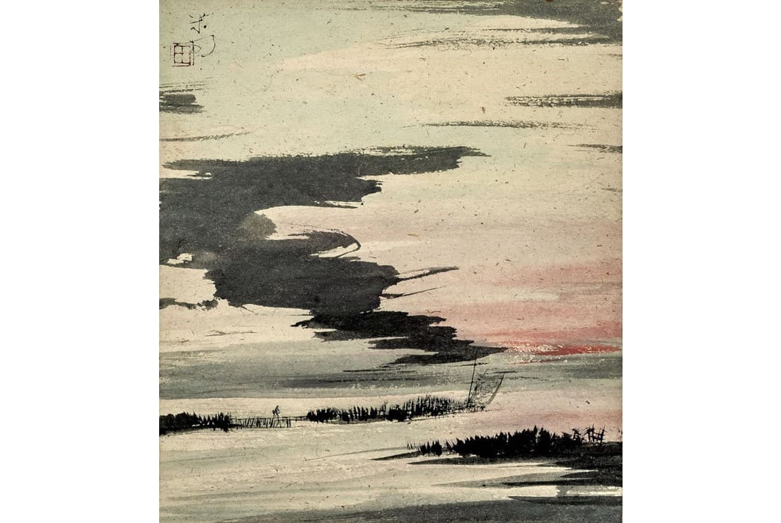 《夕日》紙本墨画淡彩 色紙額装 27.0×24.0 昭和16,17年(1941,42)頃 千葉市美術館蔵（川村コレクション） ©2020 Hiroshi Niiyama