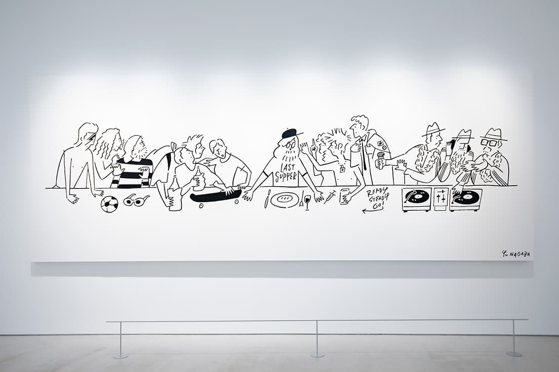 『The last Supper』。ジョン・レノンを中心に、デヴィッド・ボウイやカートコバーン、映画『キッズ』のキャラクターなどが、レオナルド・ダ・ヴィンチの《最後の晩餐》のポーズで集合。長場が強く影響を受けたヒーローたちが集まった。