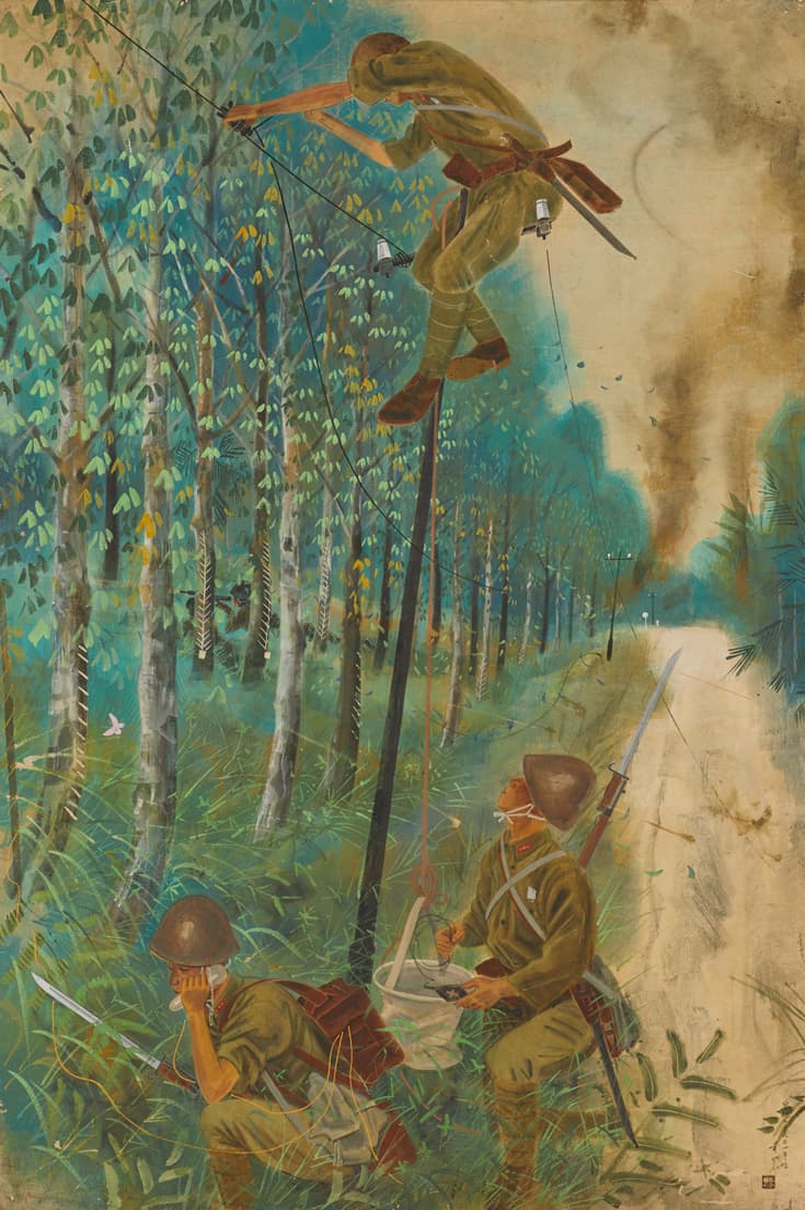 福田豊四郎《スンゲパタニに於ける軍通信隊の活躍》（1944・昭和19年）。戦争画では戦闘場面だけでなく、こういった兵站の場面もよく描かれた。
