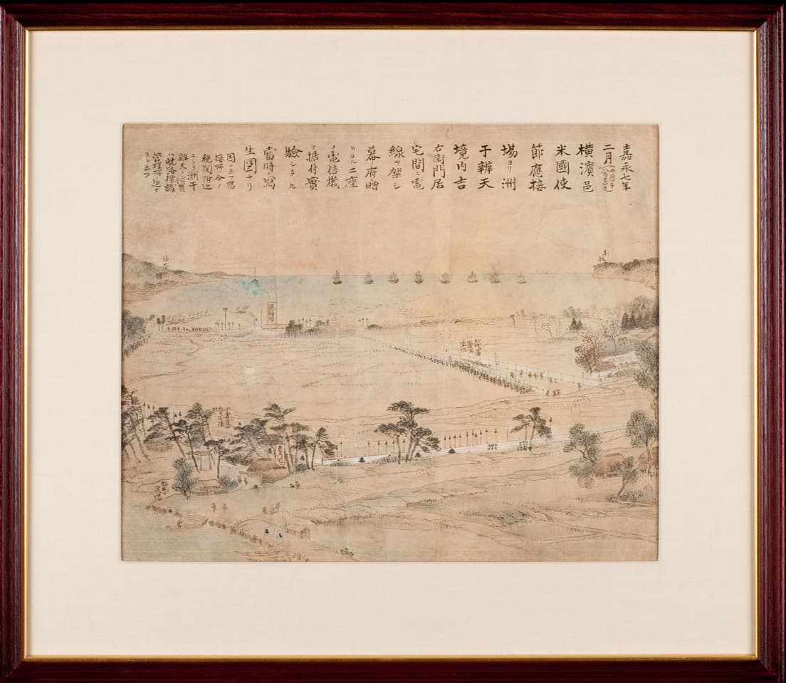 樋畑翁輔《ペリー献上電信機実験当時の写生画》（1854・嘉永7年）。郵政博物館蔵。横浜で行われた電信機の実験を警備をしていた松代藩の藩士がスケッチしたもの。日本最古の電線・電信柱の絵だ。電柱はまず電信（信号を伝える）のために建てられ、明治20年ごろから送電のための電柱が建つようになった。