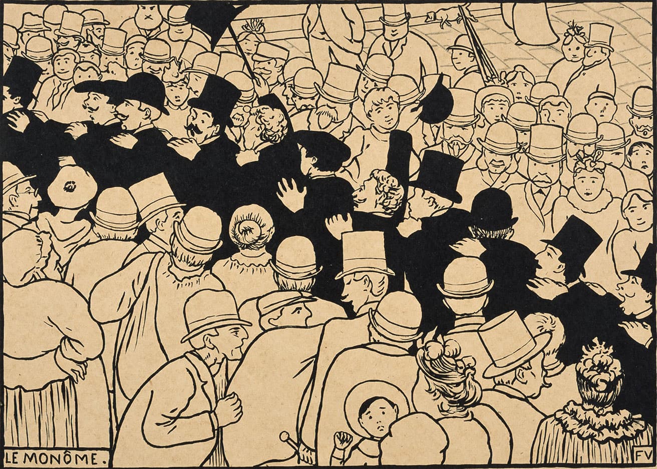 《学生たちのデモ行進（息づくパリⅤ）》1893年　ジンコグラフ　三菱一号館美術館　1893年7月1日、警察と大学生が衝突した暴動の結果、学生1名が死亡。これに抗議するため2000人以上もの大学生がパリ立法院前までデモ行進を行った。非常に暴力的な状況だったがヴァロットンの木版画ではかなり牧歌的な雰囲気。下部にいる母親と一緒の幼児の表情はジュリアン・オピーの作品を彷彿させる。