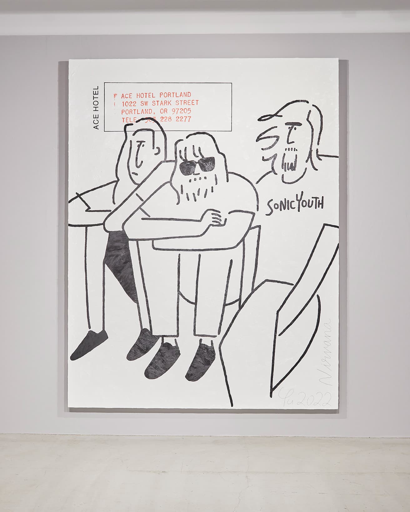 長場雄の最新個展『A PIECE OF PAPER』は、東京・渋谷〈PARCO MUSEUM TOKYO〉にて、2022年12月25日まで開催中。写真は、ロックバンドの〈ニルヴァーナ〉を描いた作品《Nirvana》。
