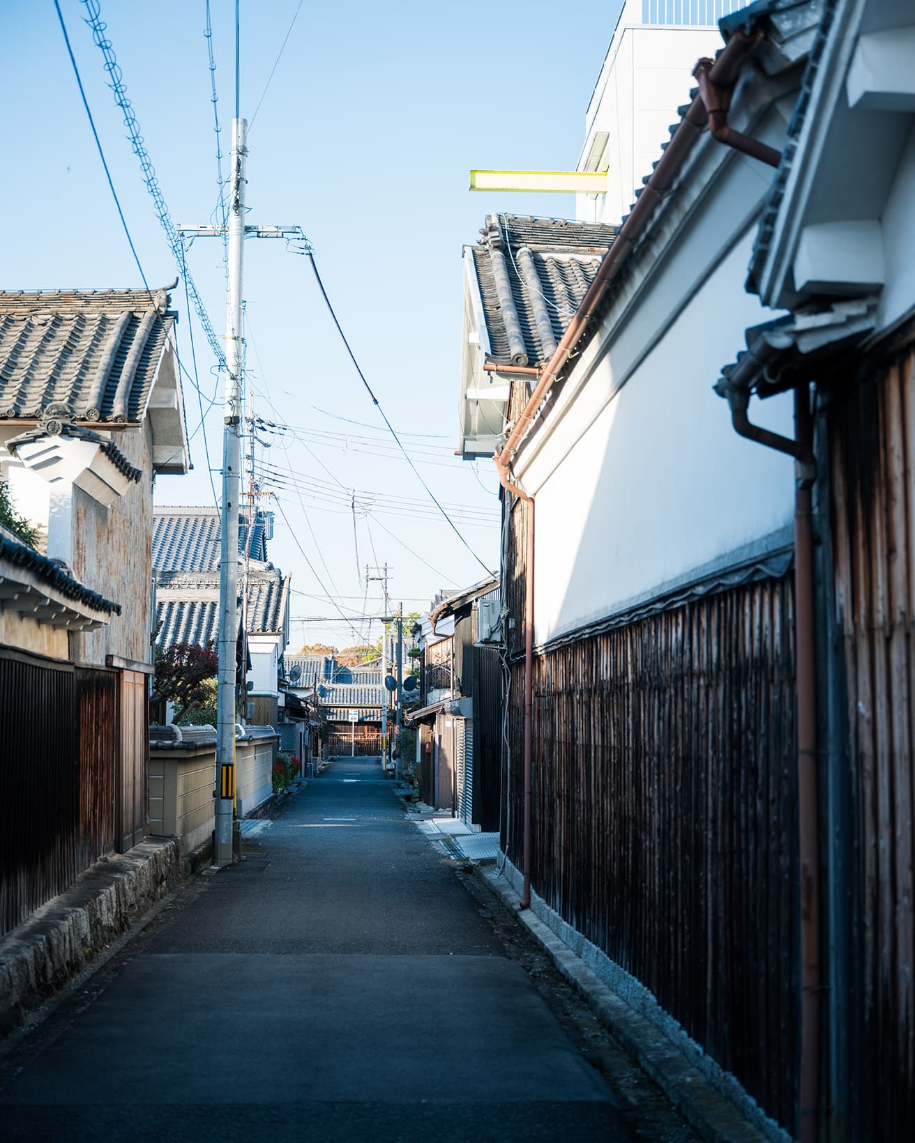 御所の街並み。主屋とは別に土蔵や座敷を持つような大規模な町家が多く、かつ現存率が高いため、タイムスリップしたかのような感覚を覚える。しかし、かつては街中に映画館が3つもあったというにぎわいの面影は失われているため、街の将来に向けた取り組みが始まっている。
