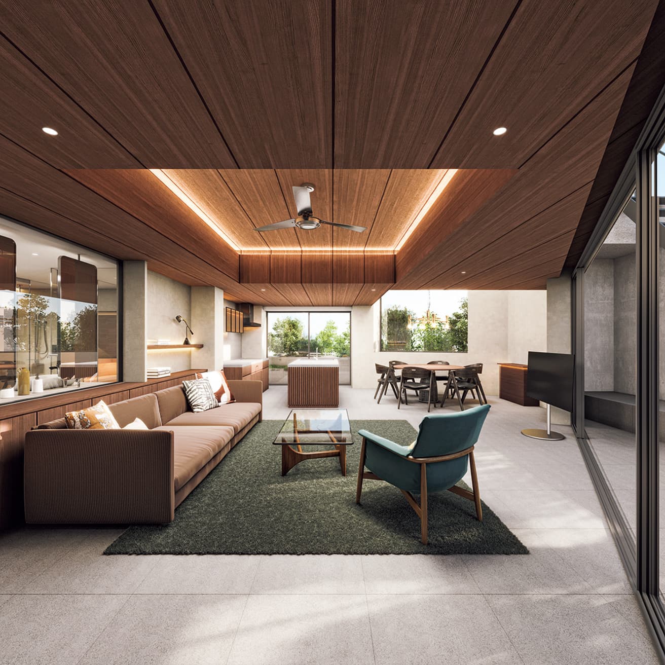 アウトドアリビング、ルーフトップテラスなど各々の空間のハブとなる「＋PENTHOUSE」のリビング。完売。