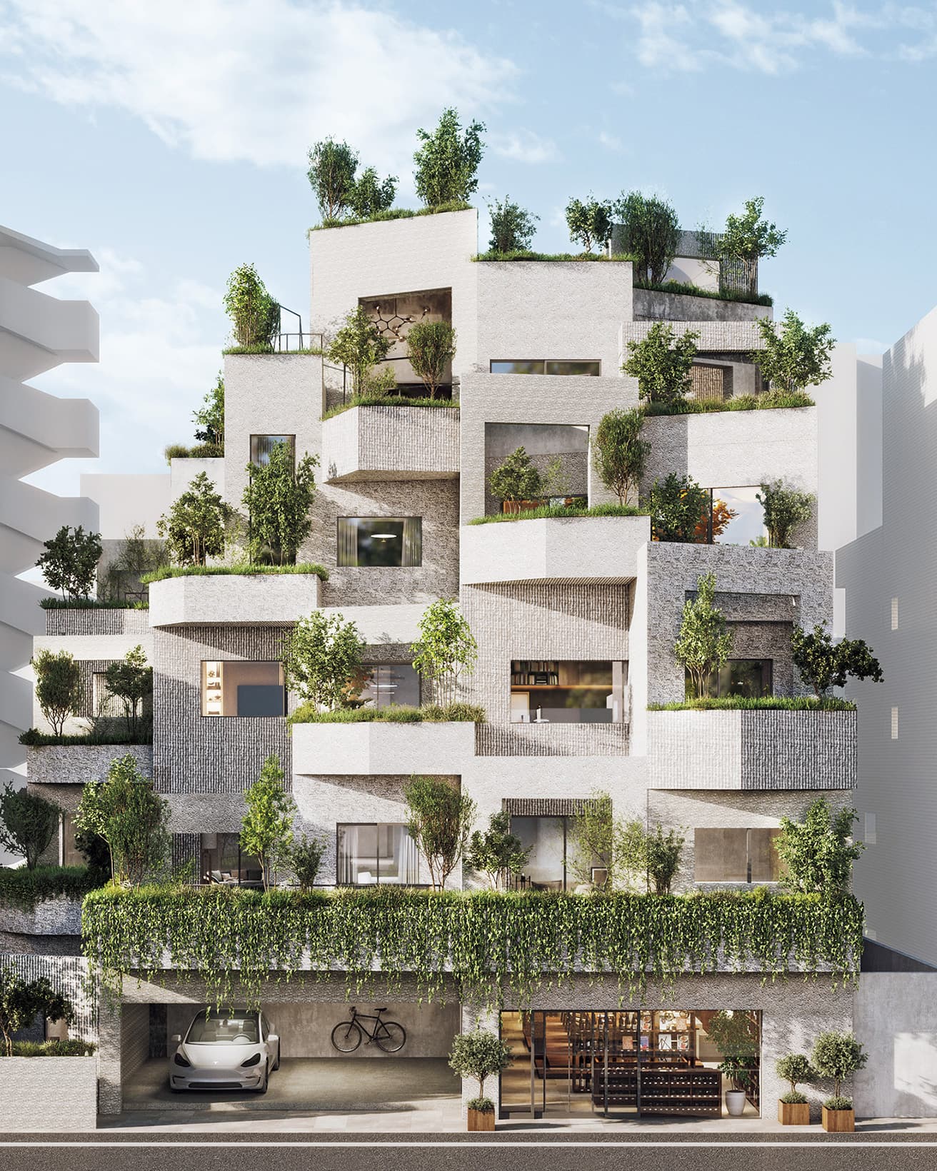 さまざまな表情を見せる白に植栽の緑が映える有機的なデザインで、都市の景観に変化をプラスする。街に繋がりながら、静けさも賑やかさも堪能できる８タイプの部屋を用意。