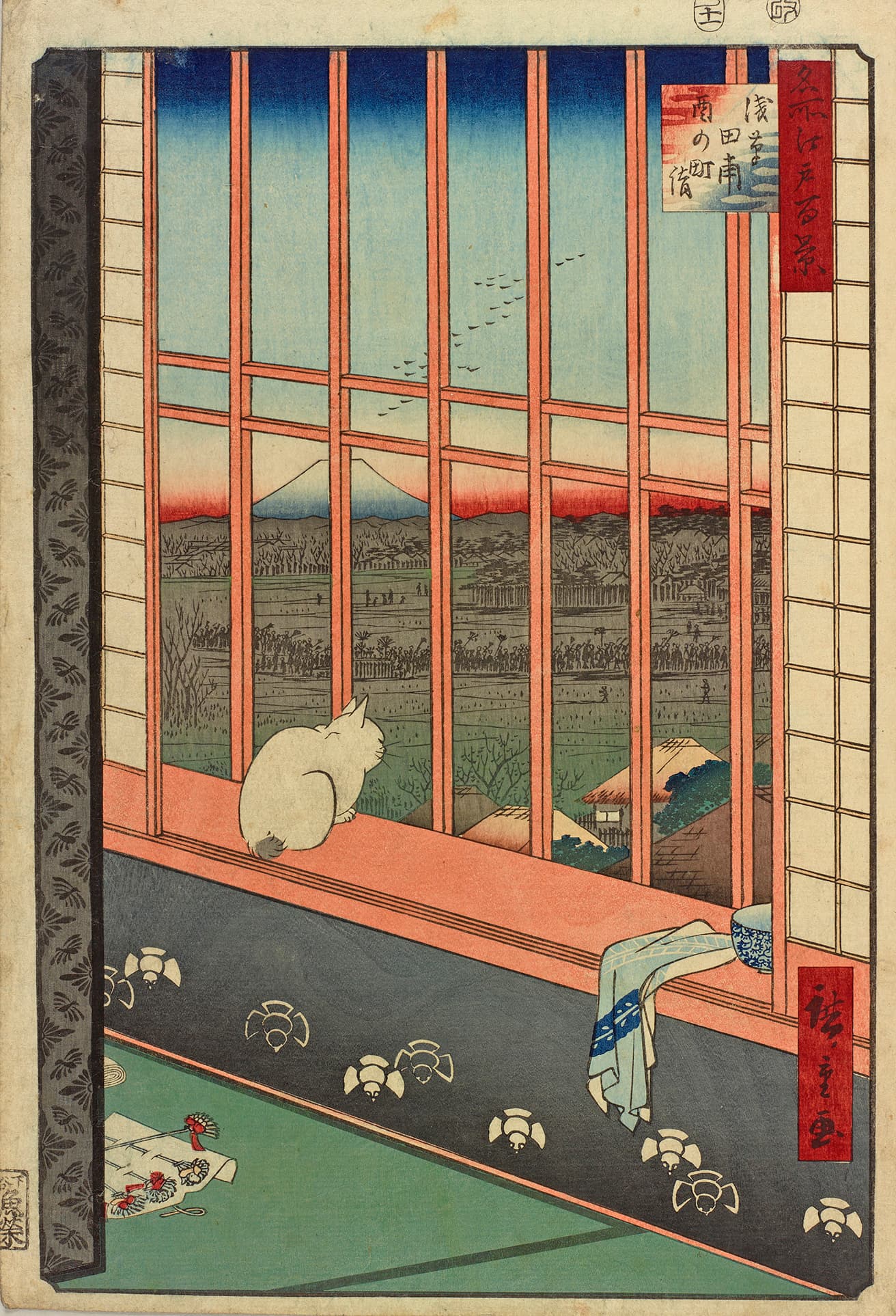 歌川広重《名所江戸百景　浅草田甫酉の町詣》（安政4年・1857年）。妓楼の2階から猫が外を眺めている。何を思うのか、つい感情移入してしまう1枚。太田記念美術館蔵。