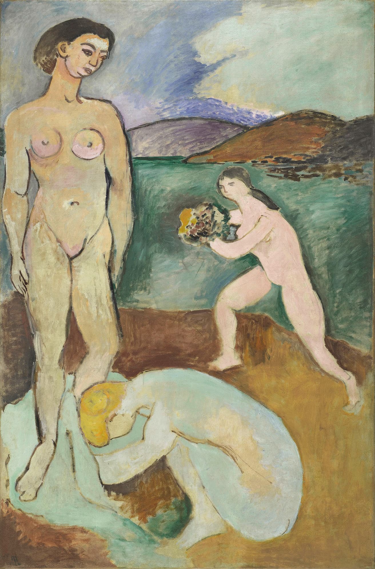 《豪奢Ⅰ》（1907年）ポンピドゥー・センター／国立近代美術館　Centre Pompidou, Paris, Musée national d’art moderne-Centre de création industrielle　1905年制作の《生きる喜び》の左側に描いた二人の人物をメインにしたもの。花束を手に駆け寄ってくる3人目の女性の動きによって、レスボス島のイメージが強まっている。印象派展を越えようとしている習作のひとつだが、まだセザンヌらの影響が残っているのが見てとれる。