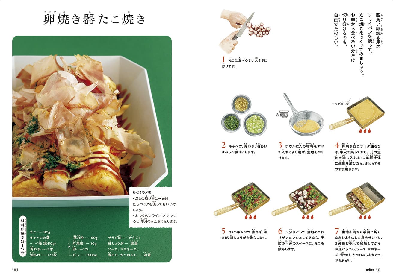 大人はおつまみにも最高な「卵焼き器たこ焼き」。手作りマヨネーズとウスターソースのレシピも別ページで紹介されている。