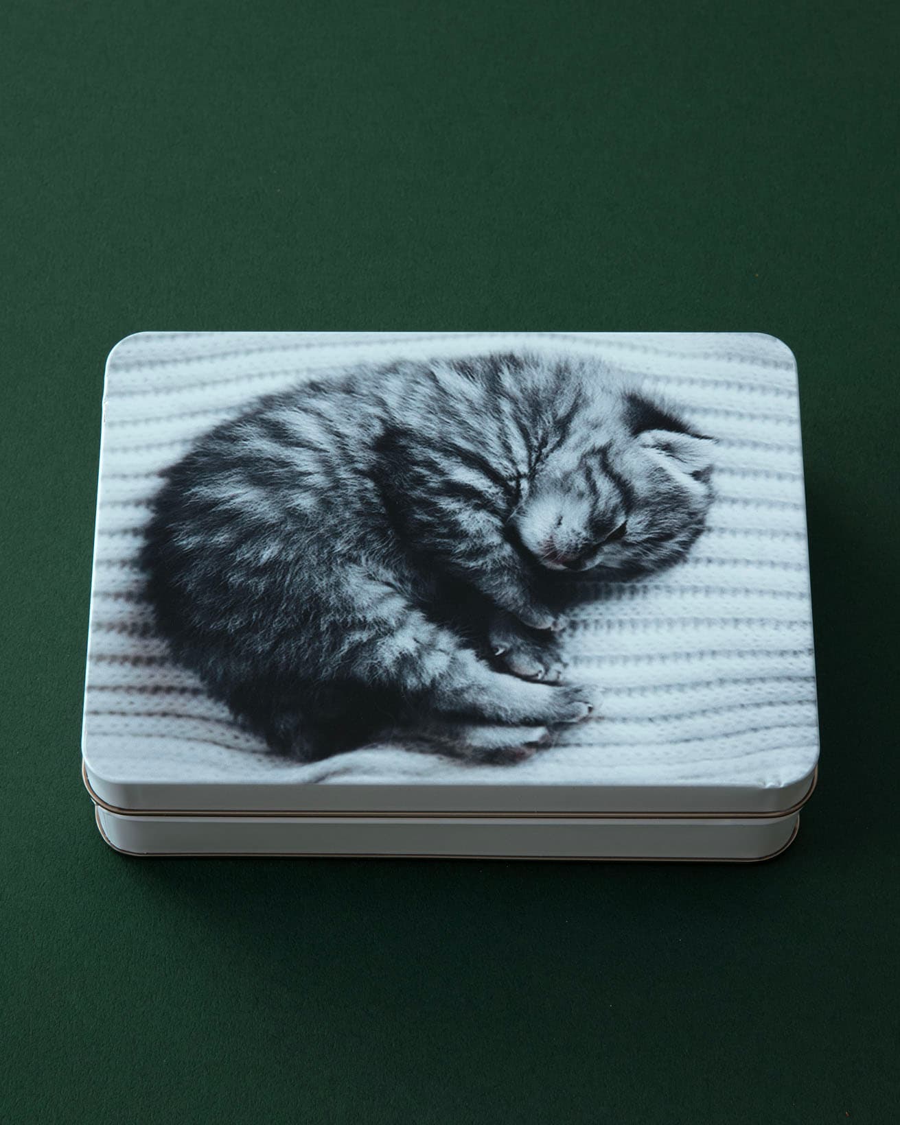 丸まって眠る子猫の写真は、猫好きの心をわしづかみ！《猫ネコクッキー缶》4,320円。