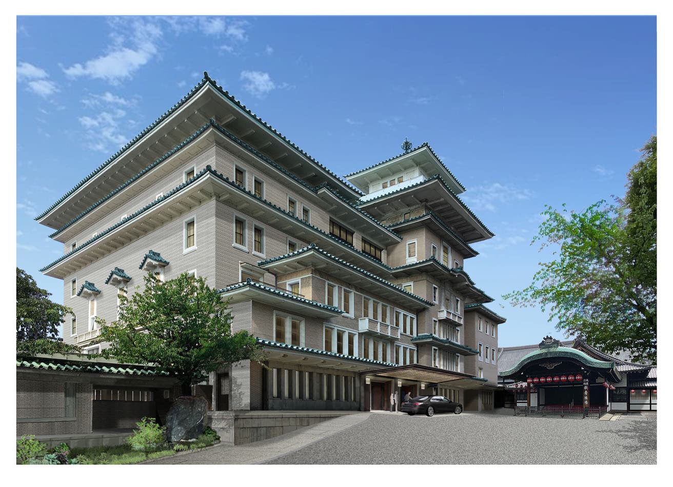 昭和11年竣工の〈弥栄会館〉は地上5階・地下1階の鉄骨鉄筋コンクリート造。映画館やコンサートホール、屋上ビアガーデンなどを擁し、地域の人たちに親しまれてきた。帝冠様式の外観はそのままにホテルとして改修される。右奥の建物は「都をどり」の会場となる歌舞練場。画像提供：帝国ホテル。