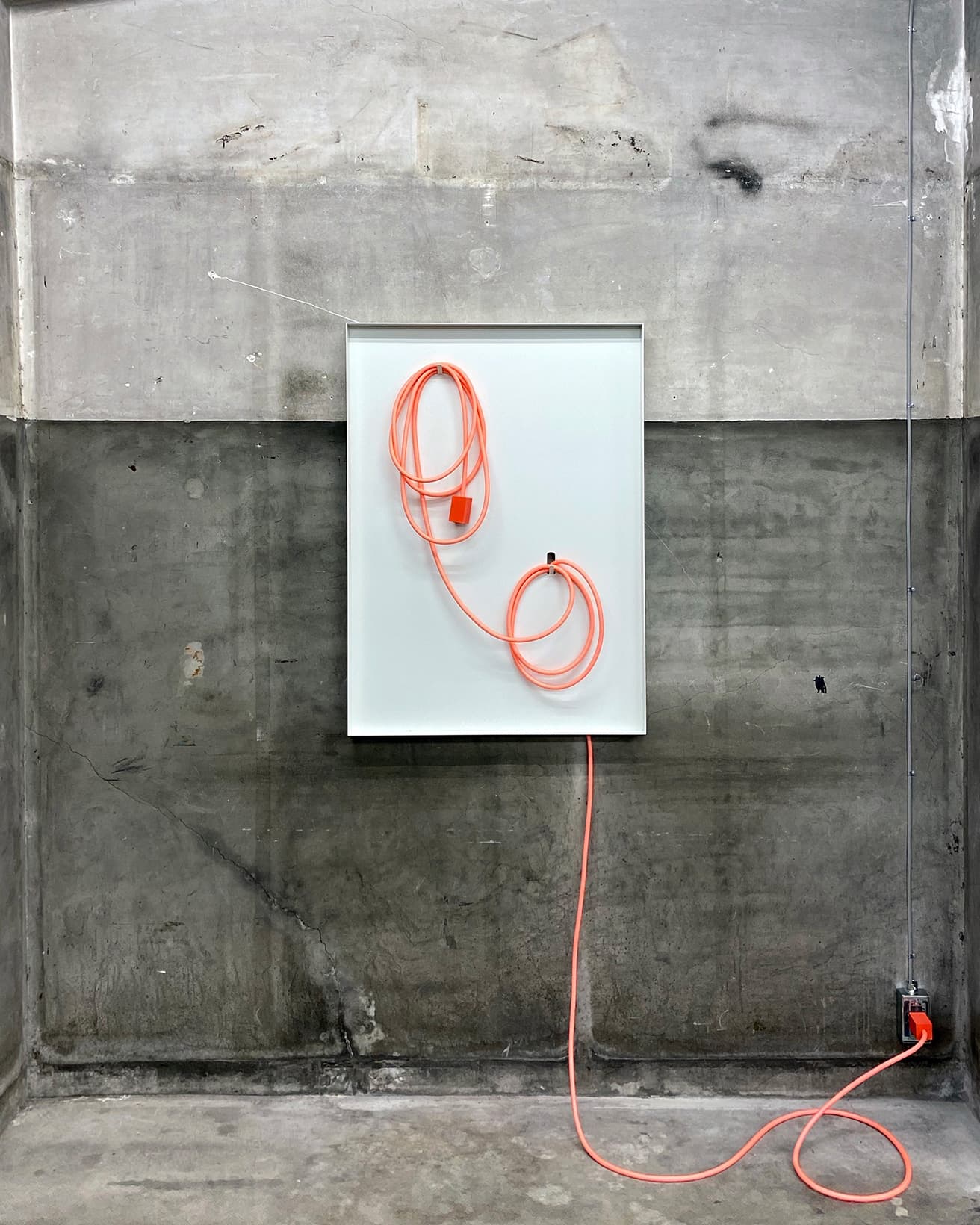 《Functional drawing 1》。額装された延長コード。元木は、日常生活の中で当然のようにそこにある物体=延長コードに、あらたな視点を付与する。