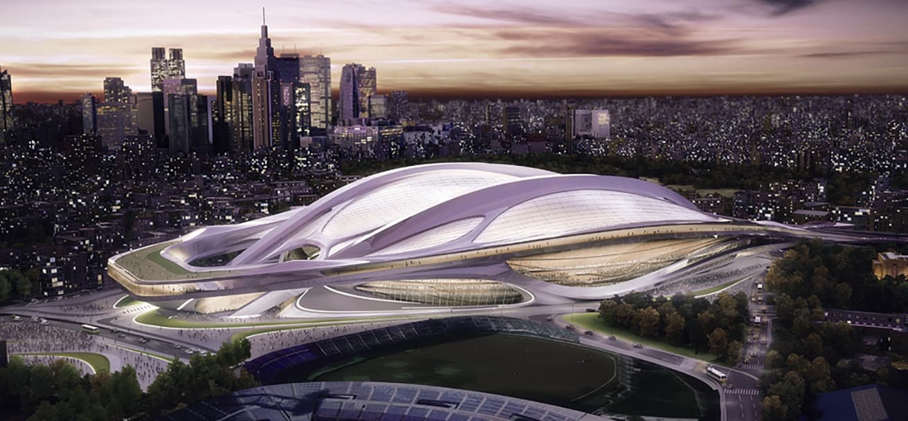 ザハ・ハディドの国立競技場案　2012年、〈ザハ・ハディド・アーキテクツ〉の案が、新国立競技場基本構想国際デザインコンクールで最優秀賞。しかし15年、キールアーチを備えた流線型の建築物を主体とする計画は、工費膨張などを理由に白紙撤回された。(c) Zaha Hadid Architects