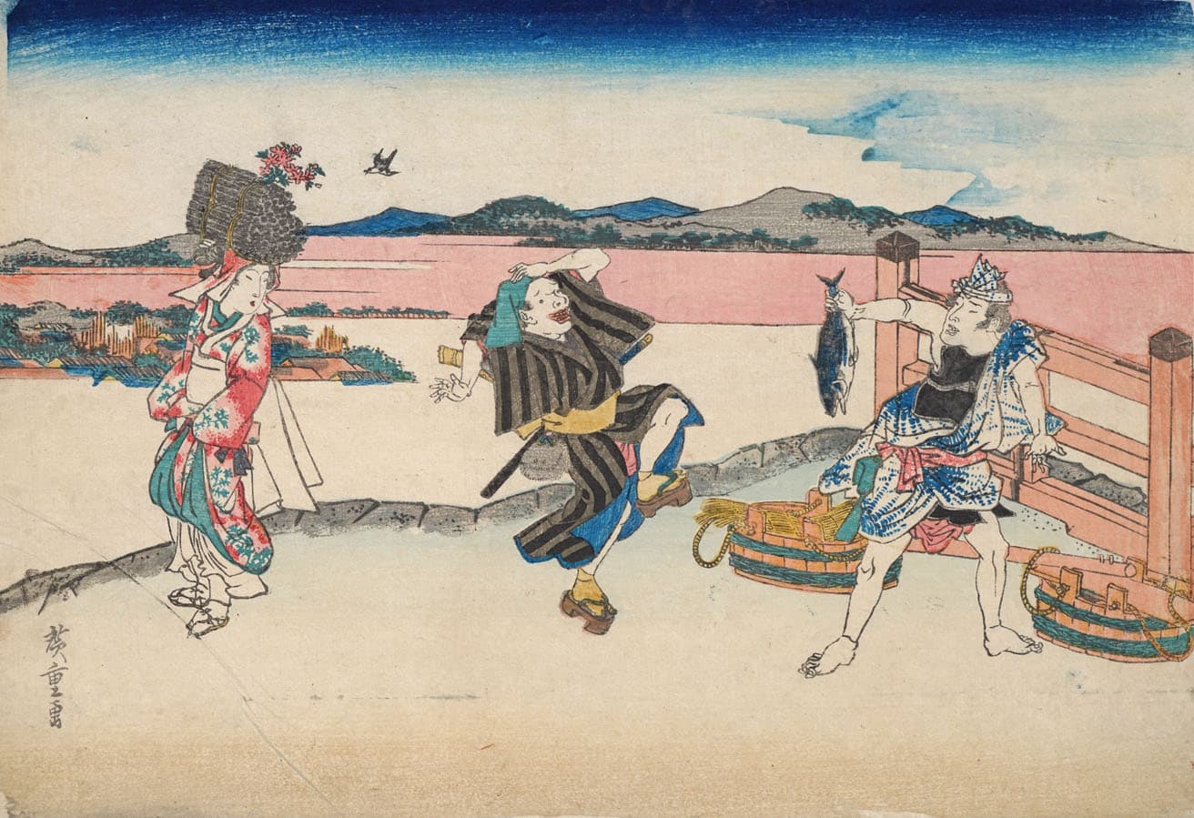 歌川広重《魚売》間判 天保前期（1830～35）頃。右側の魚売りが持つ鰹を見て、中央のおじさんはおどけた表情で驚いている。描かれた場所など、詳細がわからない謎の一枚。※前期展示