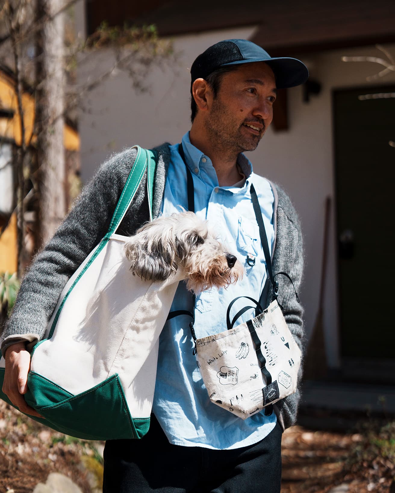 ジェリーさんの大きなトートバッグに大人しくおさまる、愛犬のアルバ。