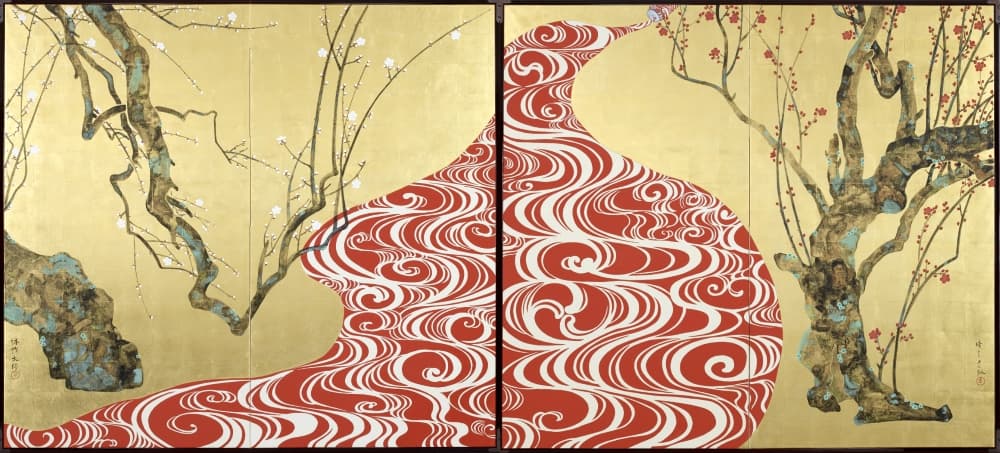 山本太郎《紅白紅白梅図屏風》2014年。個人蔵 ©Taro YAMAMOTO / Courtesy of imura art gallery