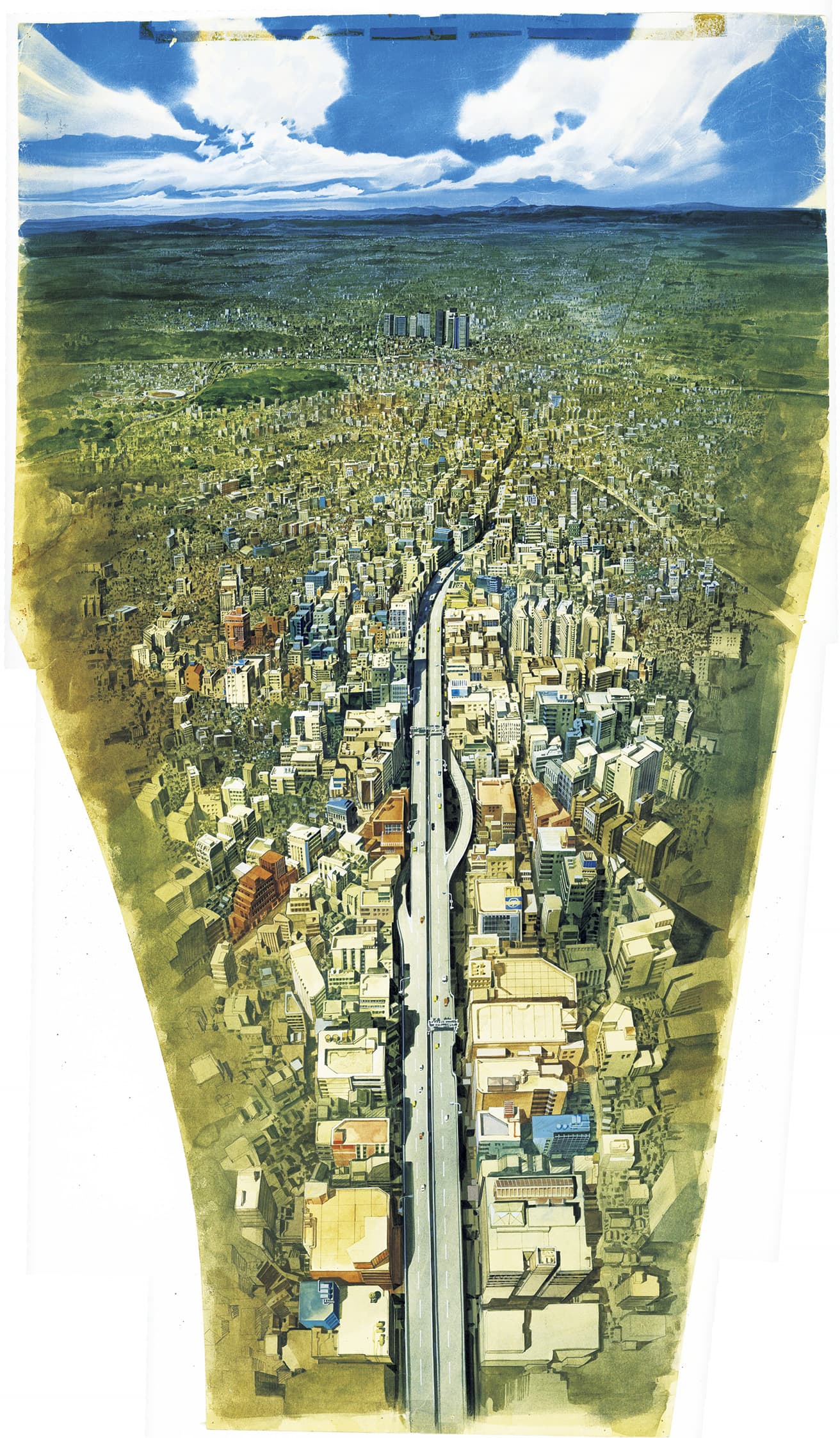 『AKIRA』 1988年公開。監督：大友克洋／美術監督：水谷利春。小林プロダクション美術部で『ルパン三世 カリオストロの城』などを担当した水谷が、丹下健三「東京計画1960」との類縁性も指摘される2019年「ネオ東京」のディストピアを再現。