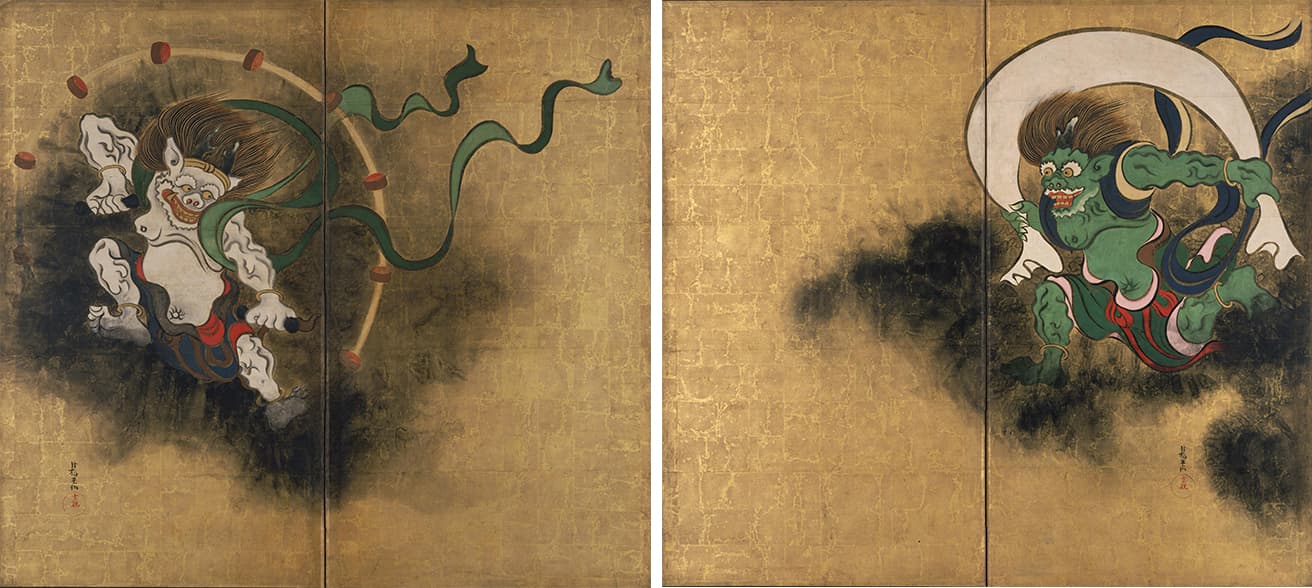 重文《風神雷神図屏風》尾形光琳　東京国立博物館蔵。風神雷神が外界を見下ろしていた宗達バージョンに対し、光琳は二神の目線が交錯するよう描いている。この作品の裏に、酒井抱一が描き加えたのが重要文化財《夏秋草図屏風》だ。image_TNM Image Archives
