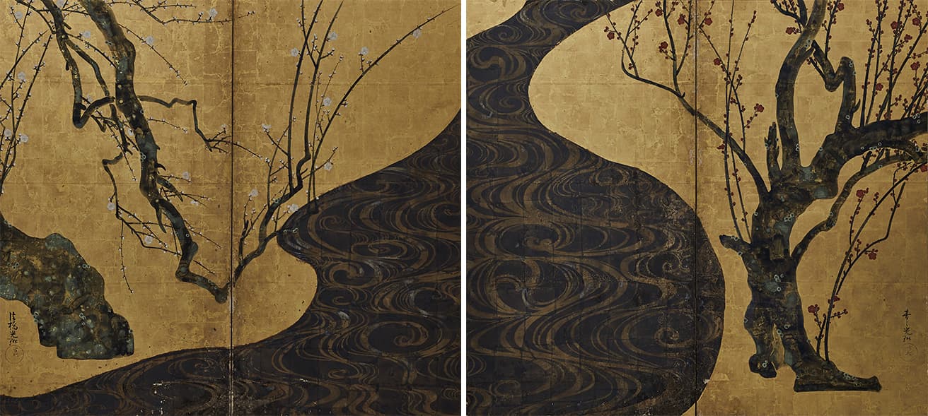 国宝《紅白梅図屏風》尾形光琳　MOA美術館蔵。大胆な構図はもちろん、波のうねりを大小の曲線で描いたり、梅の花の花弁を5枚まとめて丸くしたりといったモチーフの意匠化も見どころ。