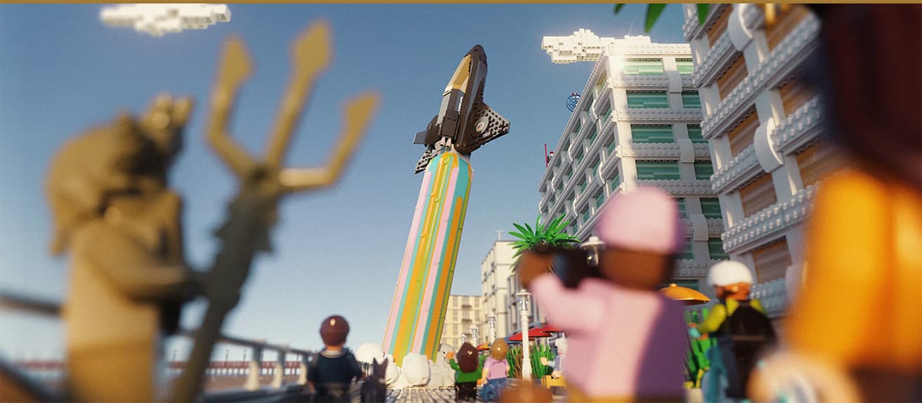 レゴ®ブロックのアニメーションで作られた映画『ピース・バイ・ピース』のワンシーンに登場する、レインボーのジェット気流を噴射して飛び立つ宇宙船。