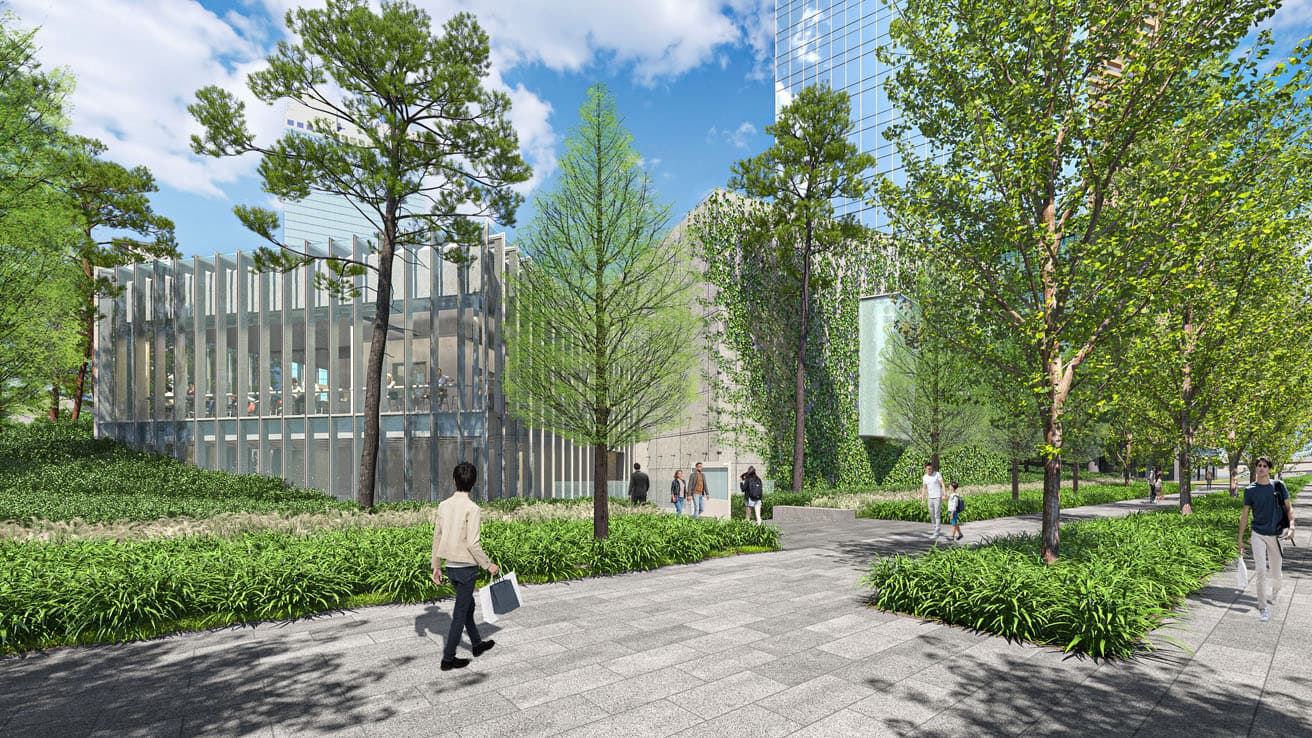 左にある縦ルーバーに囲まれた建物がカフェ〈Lohe（ローエ）〉。その右奥のグリーンに覆われたコンクリートの建物が〈VS.〉。提供：グラングリーン大阪開発事業者