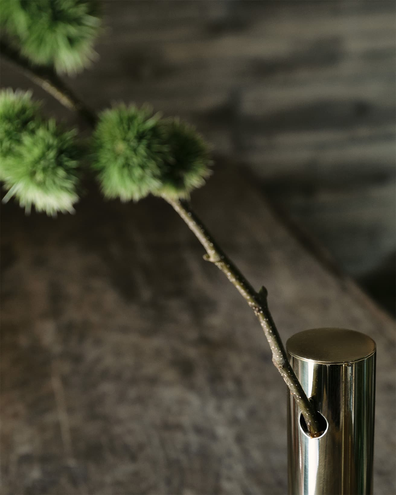 茎の部分を長く見せることで、間が生まれる。複数で飾る際は同じバランスで活けるのではなく、違いを作り、「抜け」のポイントをつくると、かちっとしたディスプレイのような見え方ではなくなる。