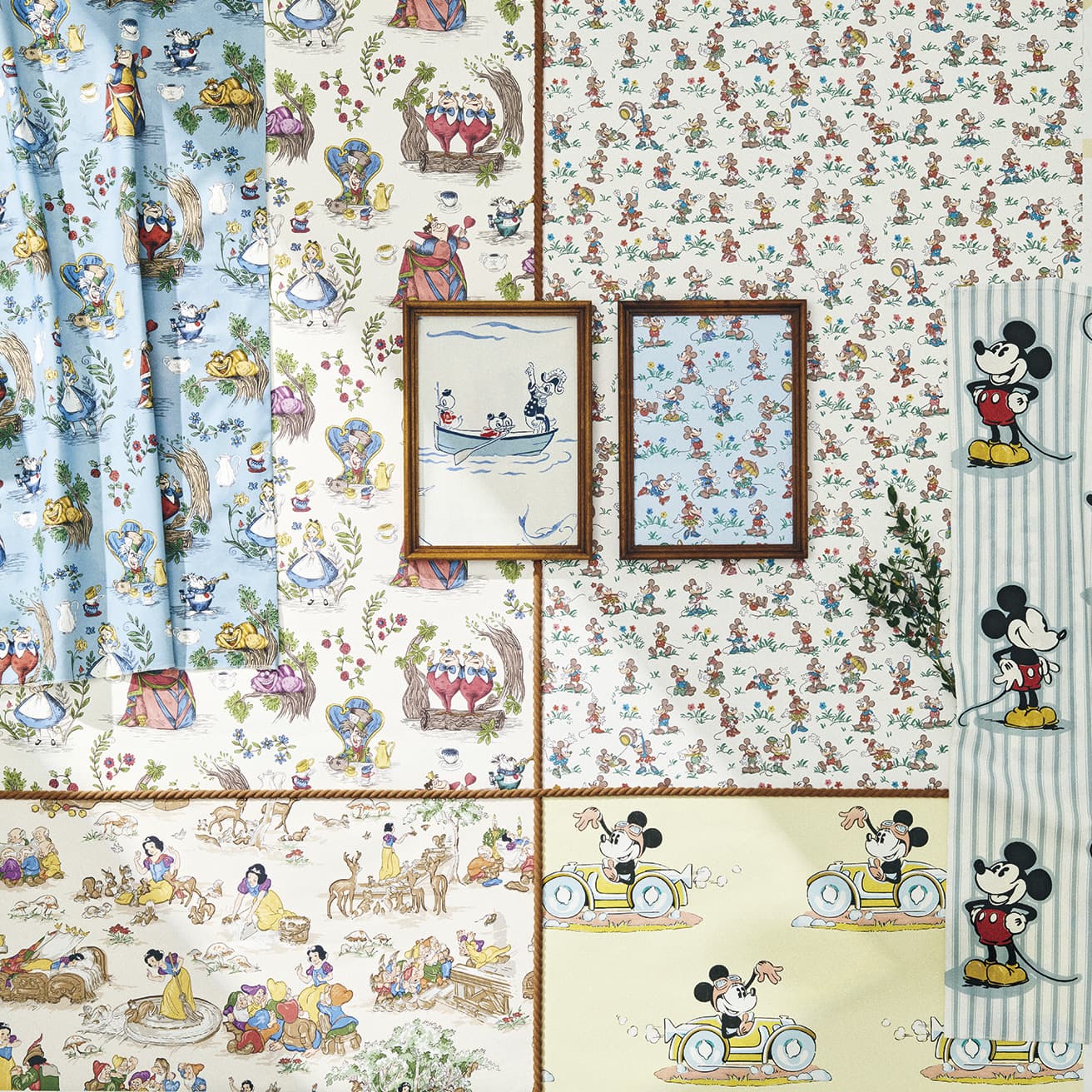 ディズニーキャラクターの壁紙とインテリアファブリックが揃う〈Disney Home × Sanderson〉コレクション。価格はいずれも1平方メートルあたり。左上から時計回りに《Alice in Wonderland》ファブリック15,143円、壁紙4,653円。《Donald Nautical》ファブリック15,147円。《Mickey &amp; Minnie》壁紙4,653円、ファブリック15,073円。《Mickey Stripe》ファブリック15,073円。《Minnie on the Move》壁紙4,653円。《Snow White》壁紙4,653円。