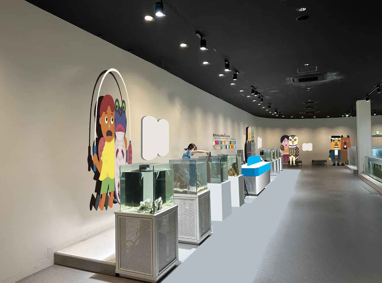 1F「わざにふれる」の会場イメージ。壁面には、tupera tuperaによる新作の作品群を展示。