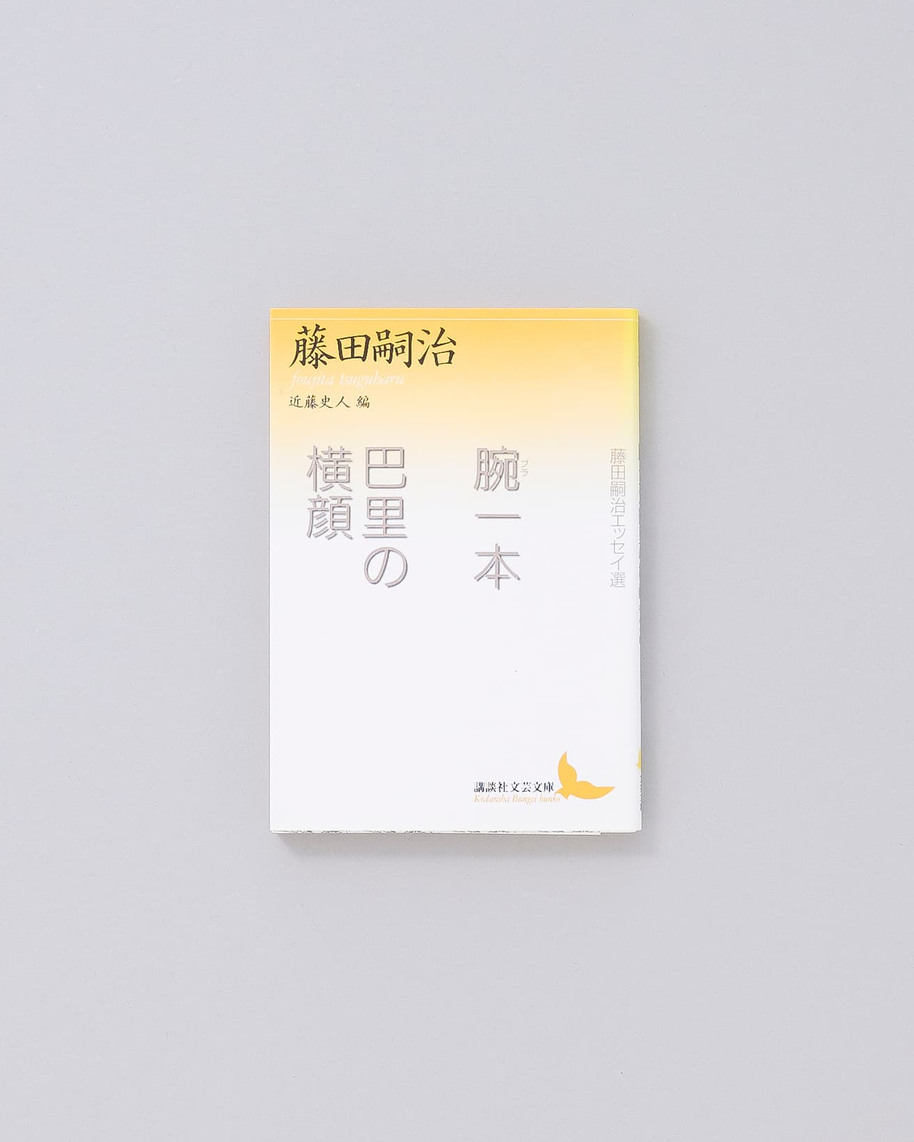 生前に刊行された3冊の随筆集『腕一本』『巴里の横顔』『地を泳ぐ』からの抜粋と未発表の2編を収録。解説は編者の近藤史人。NHKディレクターとして、NHKスペシャルで藤田の番組を製作し、ノンフィクション『藤田嗣治－「異邦人」の生涯』の著者でもある。「腕」の字はフランス語読みで「ブラ」と読む。『腕一本・巴里の横顔』藤田嗣治著、講談社文芸文庫 1,760円／2005年。