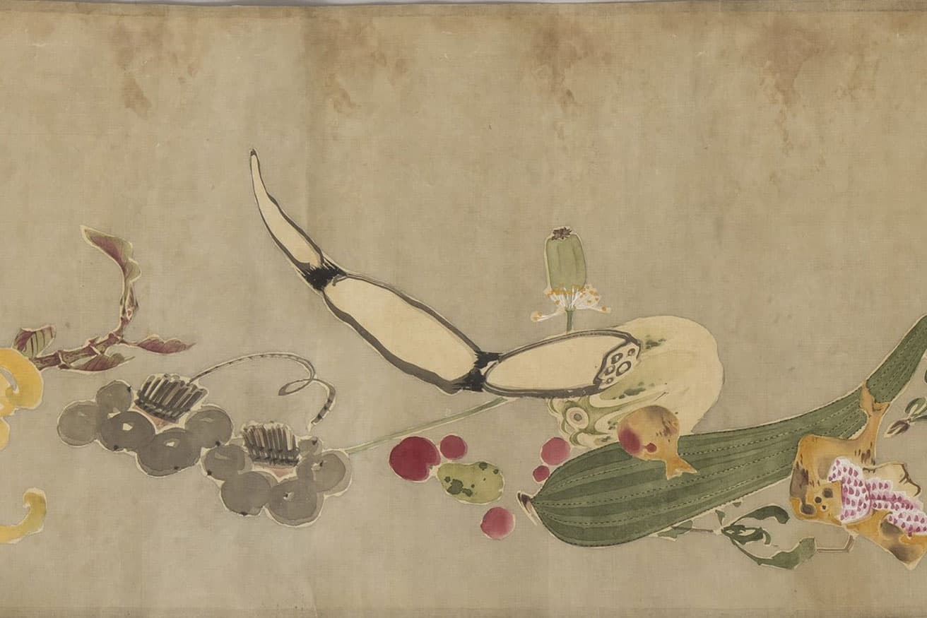 伊藤若冲《果蔬図巻》部分（1790年以前）。福田美術館蔵。通期展示。