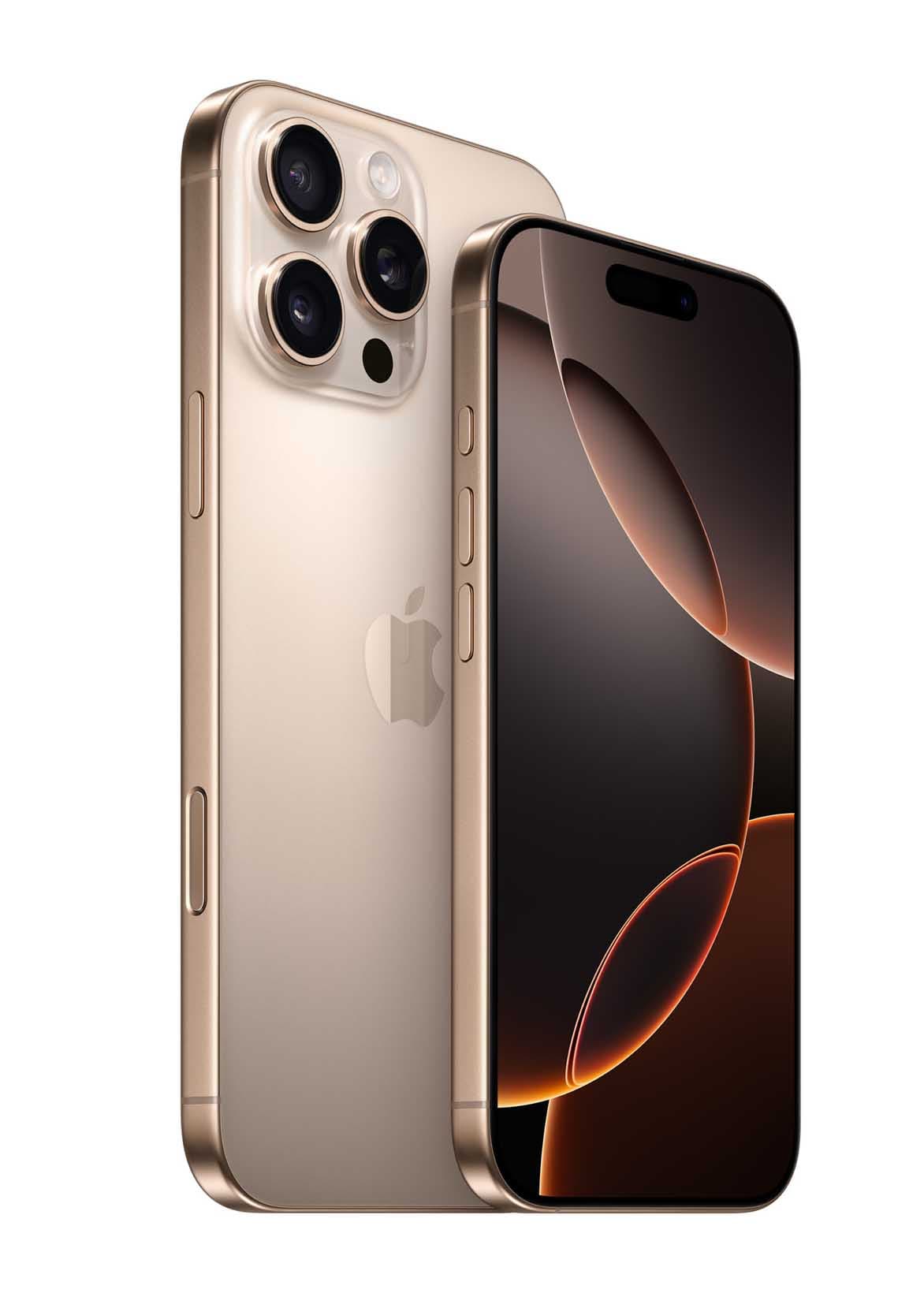 《iPhone 16 Pro》と《iPhone 16 Pro Max》。新色のデザートチタニウムは、ほんのりゴールドを感じさせる温かみのあるカラー。
