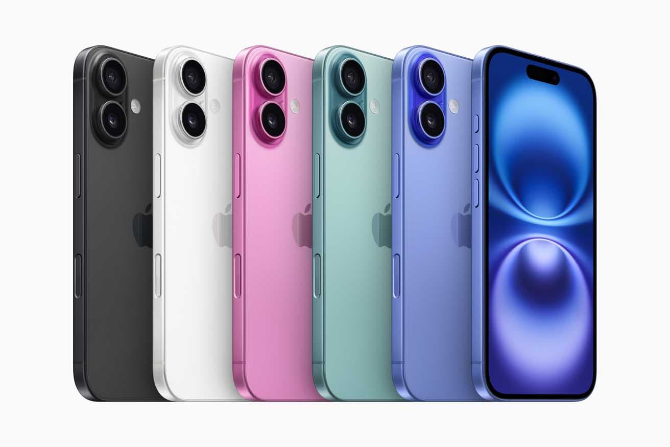 《iPhone 16》。（左から）カラーはブラック、ホワイト、新しく追加されたピンク、ティール、ウルトラマリン。