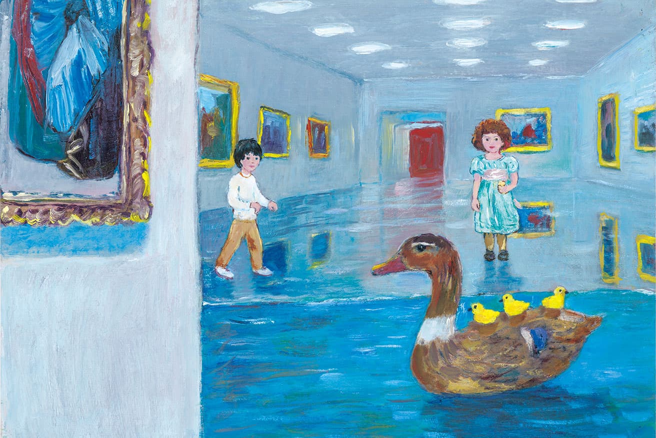 絵の中のあひるが展示室に出てきた。反射する床が水面のようにも見える。