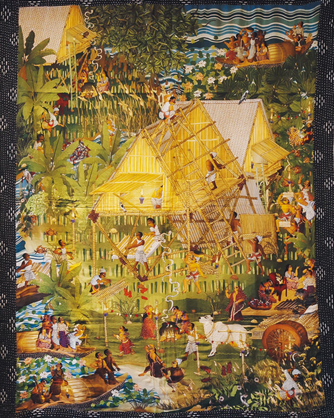 クディ・バリの製作風景を風土とともに描いたタペストリー。