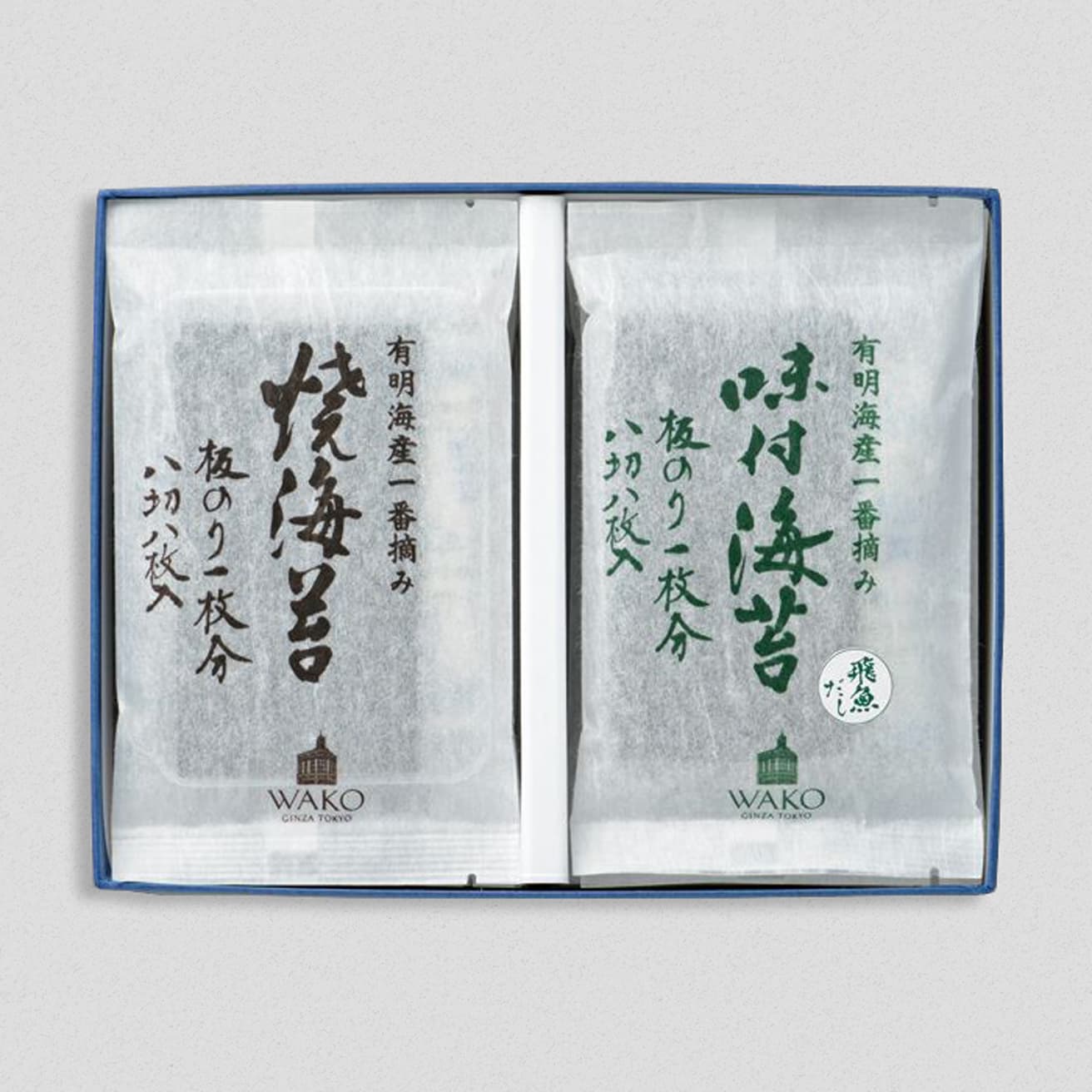 《焼海苔・味付海苔詰合せ》8切8枚入×6袋 3,564円。ほかに「焼海苔」単品(半切20 枚入×3袋)5,940円などもあり。賞味期限：約3ヶ月。