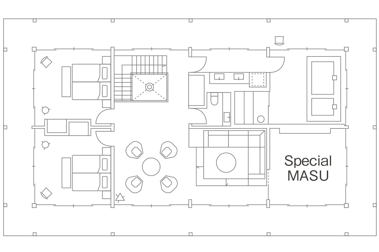 4×4mのモジュールによって居住部分を分割したのが大きな特徴。「スペシャルマス」は和室や書斎など棟ごとに設計が異なるスタイル。