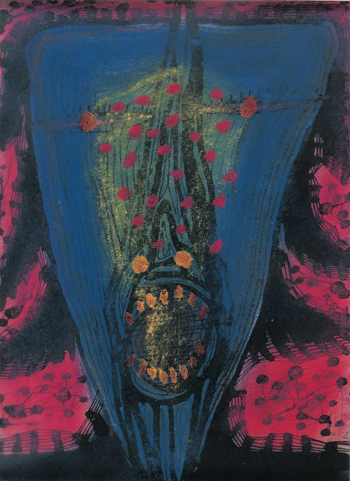 アーティストになることを両親から反対されていた草間の葛藤を描いた自画像と思われる作品。日本画から離れ抽象的な作風へと変化している。《SCREAMING GIRL》1952年Oketa Collection, Tokyo　© YAYOI KUSAMA