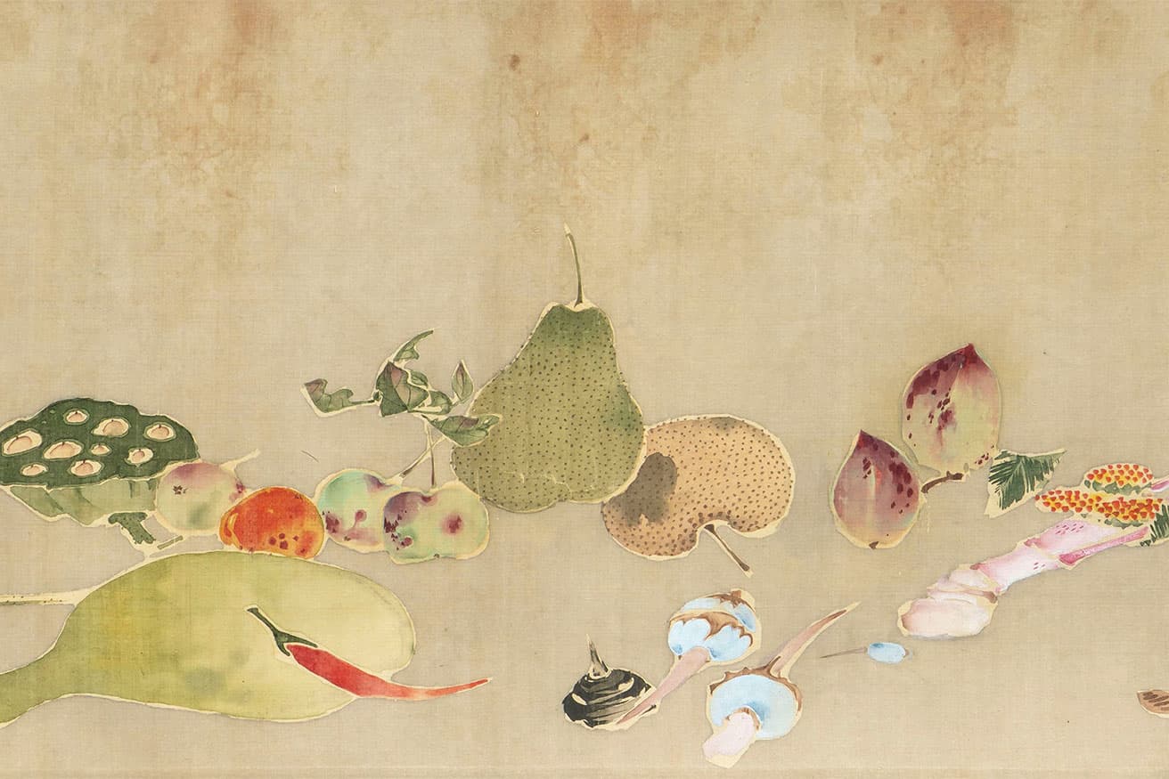 伊藤若冲《果蔬図巻》（部分）。通期展示。修理を終えて繊細な色遣いが際立つように。福田美術館蔵。
