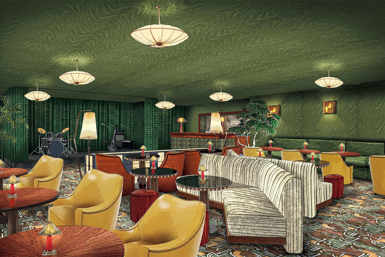 GREEN ROOM　ライブや試写などのイベント用スペース。カーペットは「家」の字をアレンジした。