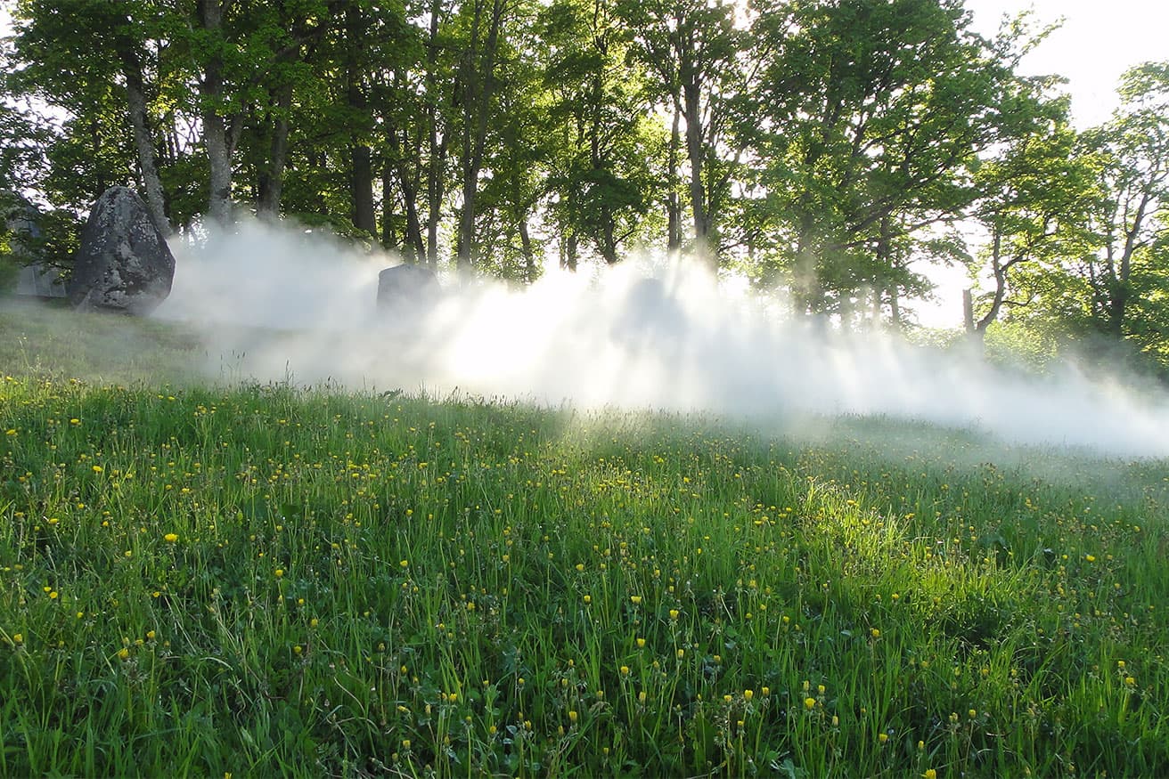 中谷芙二子作品（2011年、ラトビア）。Stone.Fog, Fog Installation #26318, 2011, Pedvale Open-Air Art Museum, Sabile, Latvia, Photo: Ojars Feldbergs