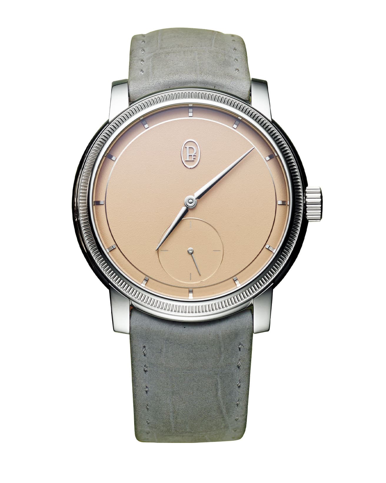 《TORIC PETITE SECONDE 》トリック プティ・セコンド 8,547,000円／ムーブメント：手巻きキャリバーPF780、ケース：プラチナ950、径40.6mm、厚さ8.8mm。ダイヤル：18Kホワイトゴールド製、インデックス：ロジウムプレート18Kゴールド、ストラップ：アリゲーターレザー。パワーリザーブ60時間。30m防水。（パルミジャーニ・フルリエ）。