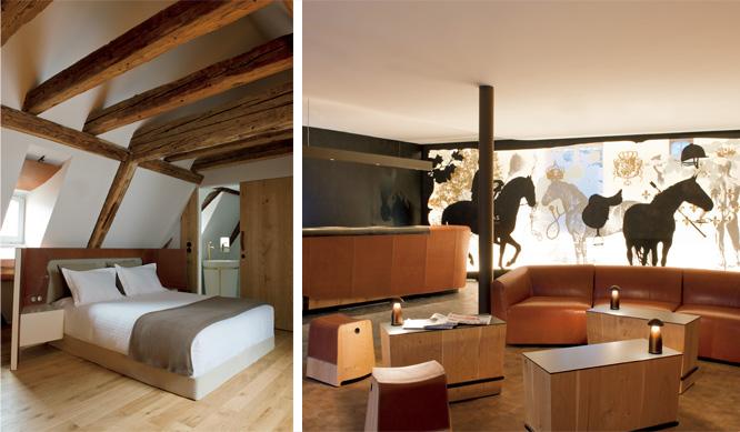 左／全55室の客室は、高級感のあるナチュラルな調度が歴史的な空間に映える。右／フィリップ・ダヴィッドのグラフィックワークがロビーを飾る。●〈Les Haras de Strasbourg〉23, rue des Glacière Strasbourg TEL +33 03 90 20 50 00。公式サイト
