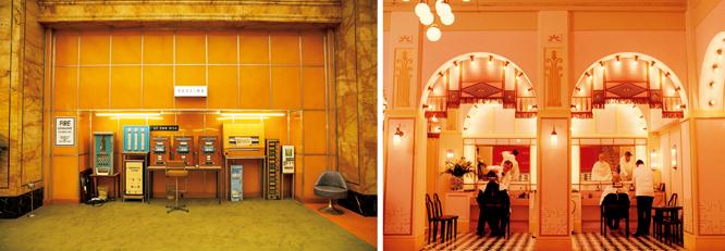 左／60年代のブダペストホテルは&#39;階に。ドイツ中を駆けずり回って集めたという東ヨーロッパ物の自動販売機が並ぶコーナーもあり。右／滞在は３泊ほどで、僕のシーンはすべて60年代だったため、見ていないセット。パステルカラーのお菓子っぽいテーマが爆発のセット。