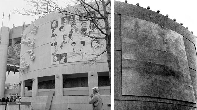 左はパビリオンに壁画を設置した当時の様子。右は塗りつぶされてしまった後。©Bettman/Corbis/ARS New York David Sundberg / ESTO (building)