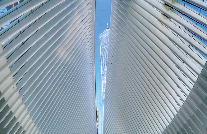オキュルスとは「目」、そしてドーム型天井の「開口部」も意味する。屋根の中央を縦に走るガラスの内側から、1ワールドトレードセンターがまっすぐ見える。