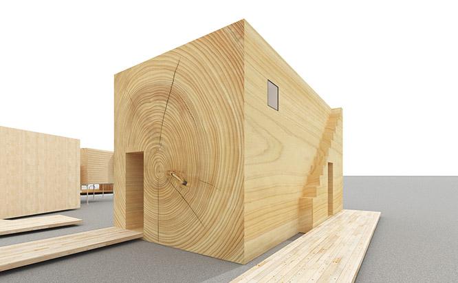 凸版印刷×原デザイン研究所〈木目の家〉。拡大した木目を印刷した家。