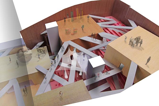 展示室をホール内に入れ子状に配置することで、従来のホワイトキューブミュージアムとは異なる空間が生まれる。