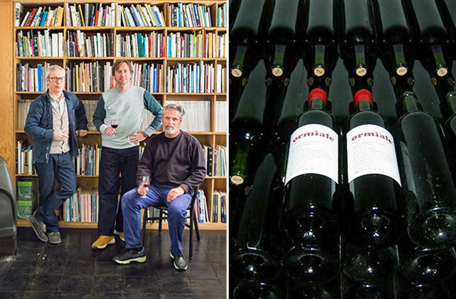 左／ジャスパー・モリソン（左）とマーク・ニューソン（中）が共同オーナーを務める。右／シンプルなエチケットのデザインワイン〈Ormiale〉。