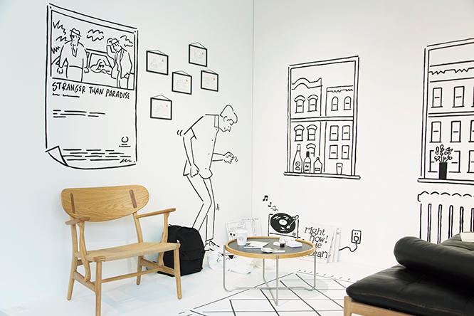 イラストと家具をミックスした、ユニークなインスタレーション空間。