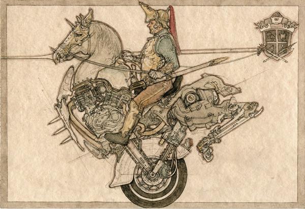 「日清日露戦役擬畫」より《フランス重騎兵》　2002年　紙に鉛筆、ペン、水彩10x14.8cm